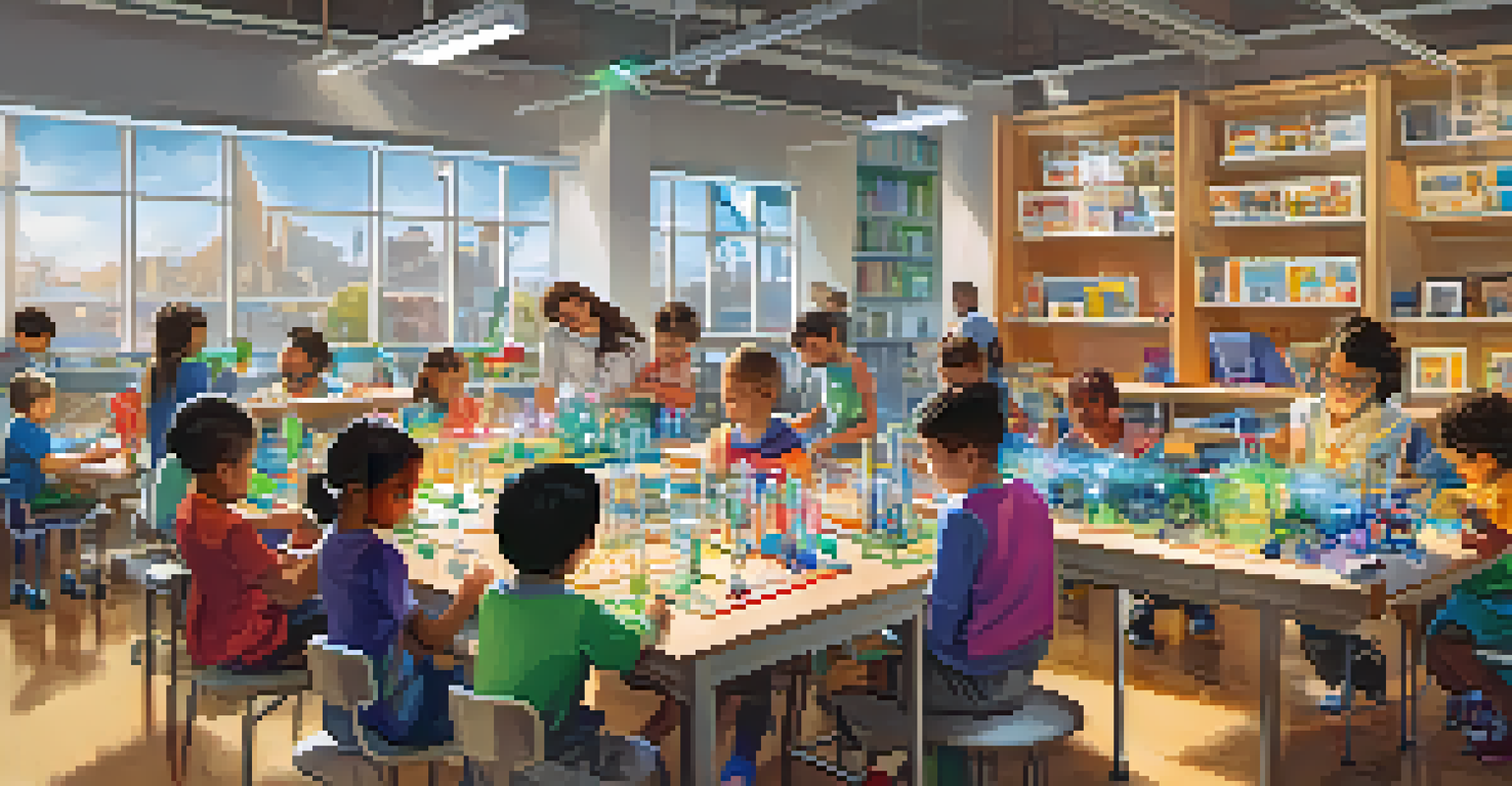 Children participating in a STEM workshop at a library, working on science experiments with colorful materials.