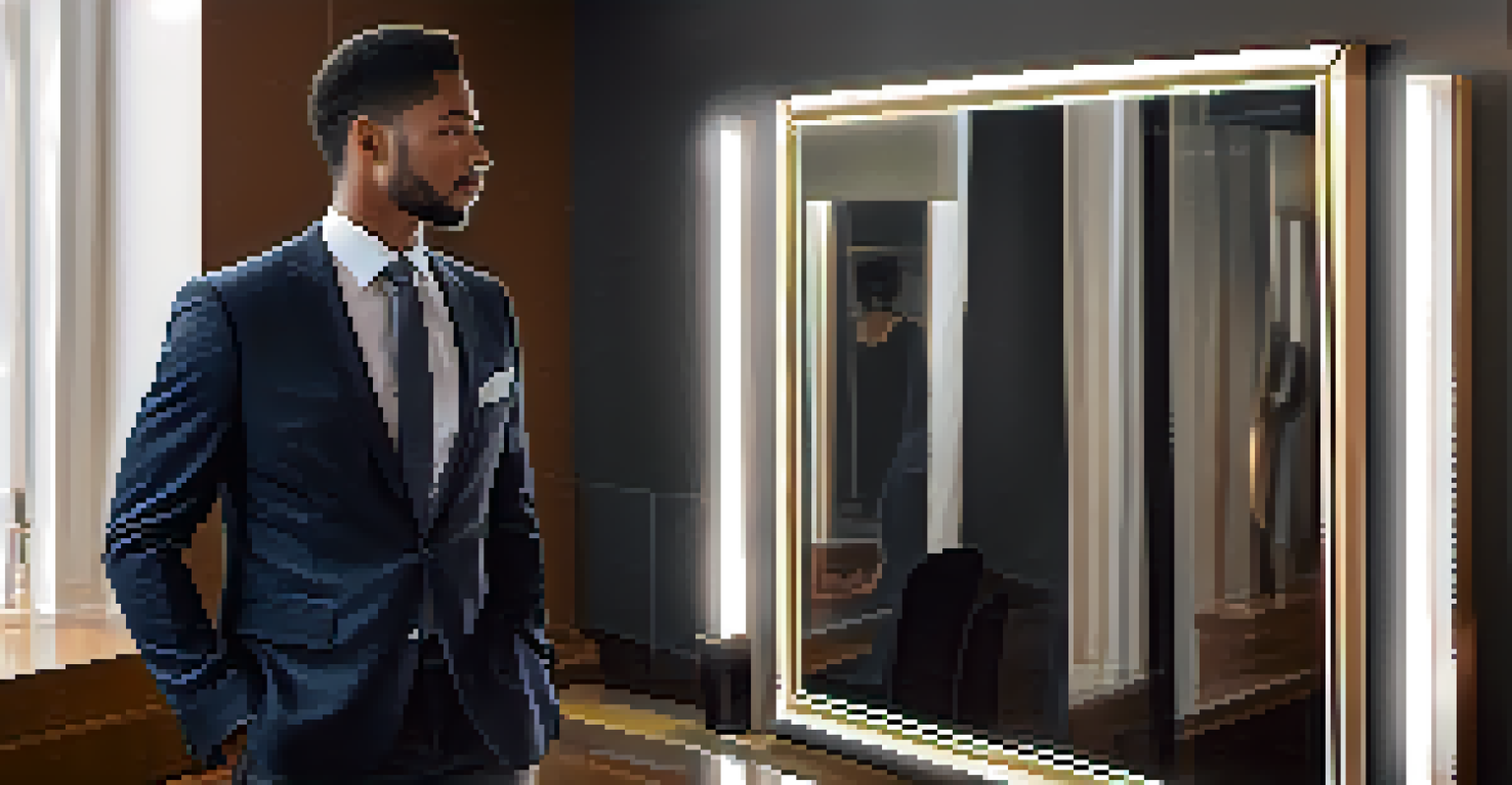 A person adjusting their blazer in front of a mirror, showcasing confidence and preparation for a networking event.
