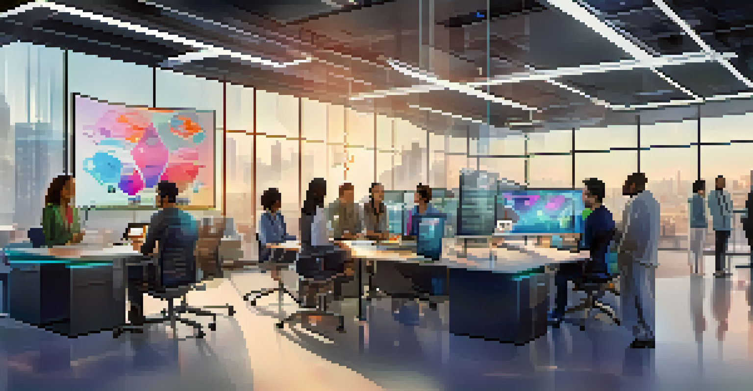 A modern office space of a health tech startup with diverse individuals collaborating, featuring screens with health data and natural light.