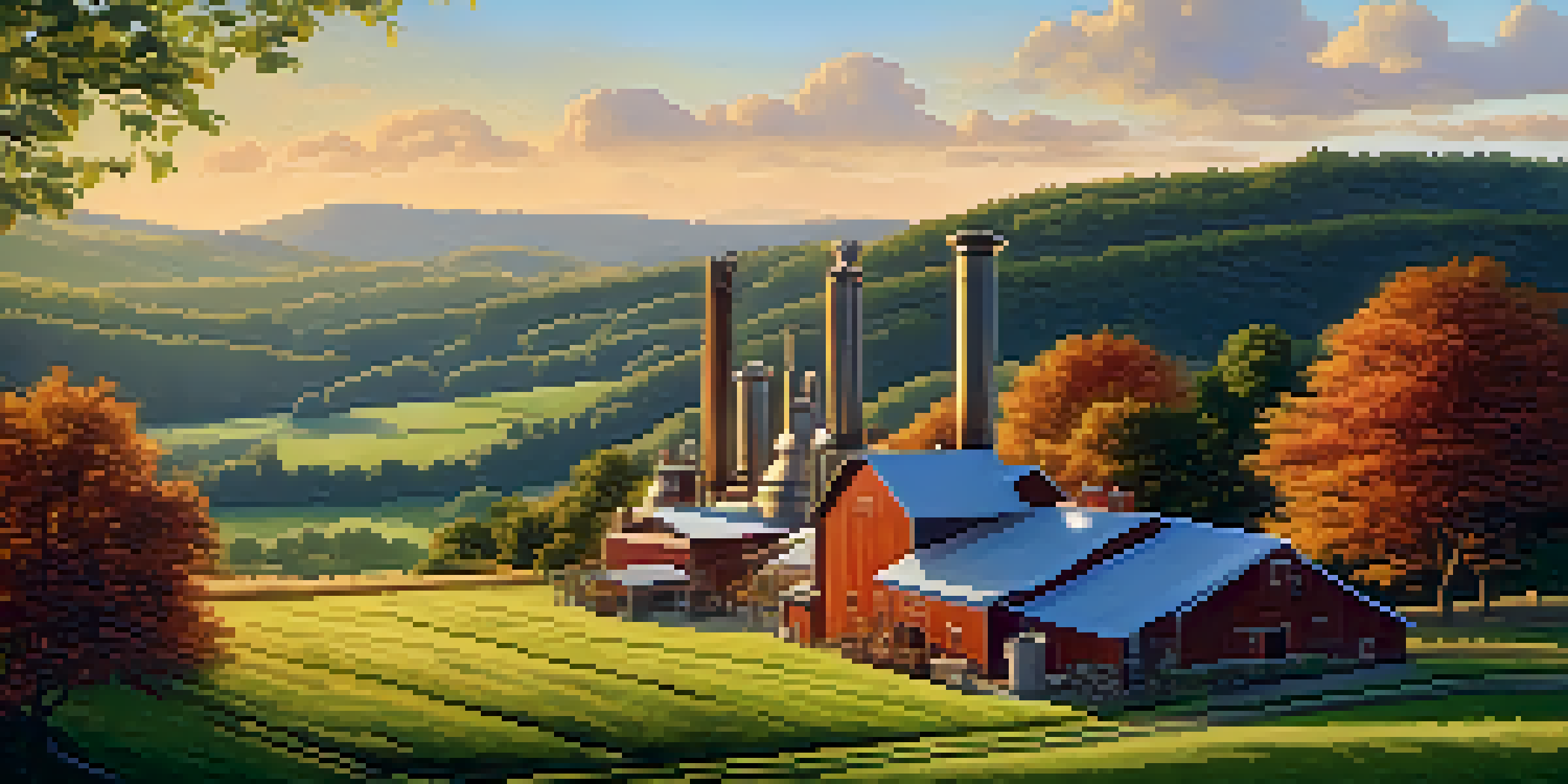 A scenic view of a craft distillery with traditional pot stills, surrounded by local ingredients and a beautiful landscape.