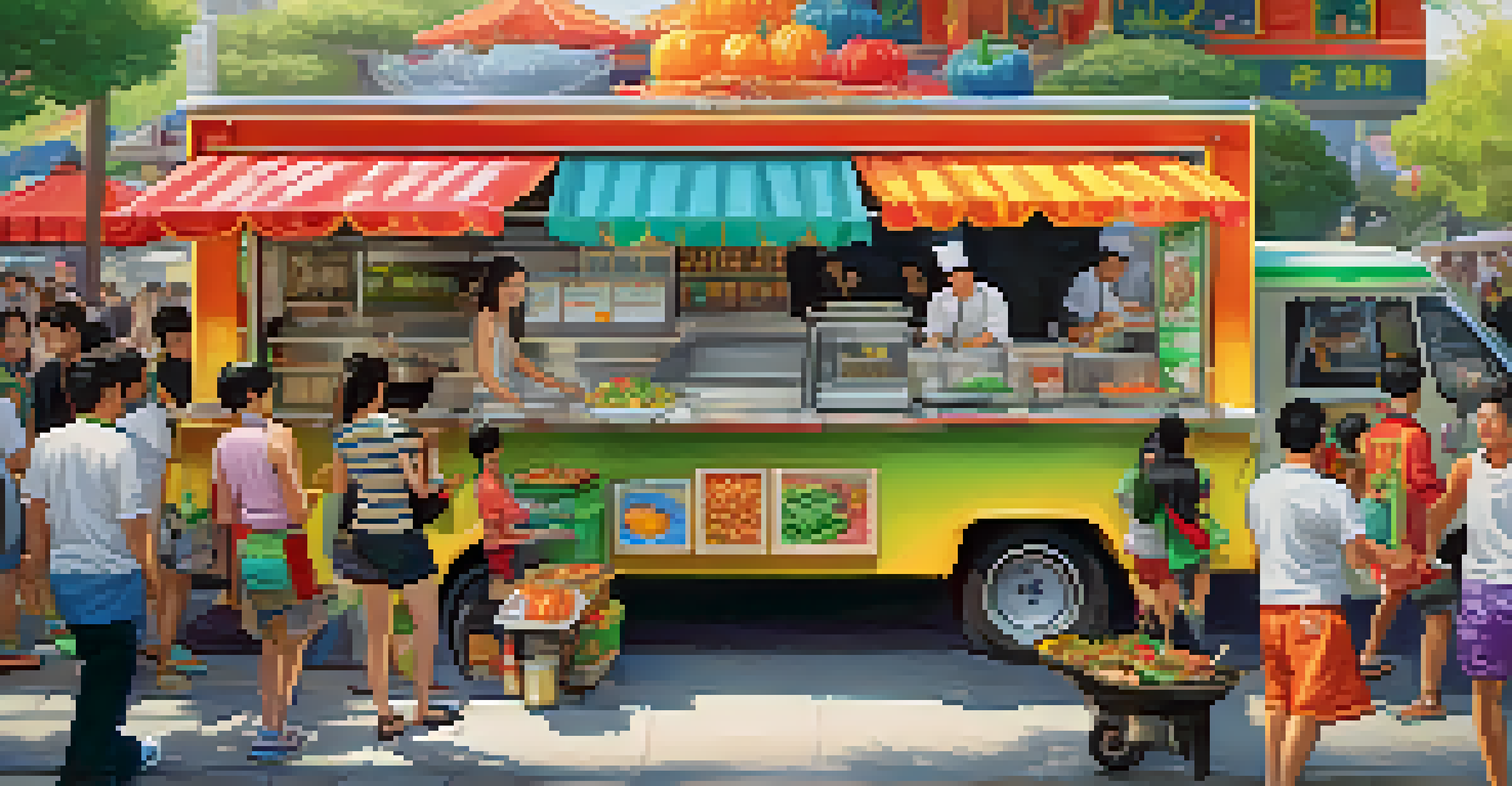 A food truck named Wok This Way with a chef preparing a vibrant Wok Bowl, surrounded by colorful Asian-inspired decor and customers in line.