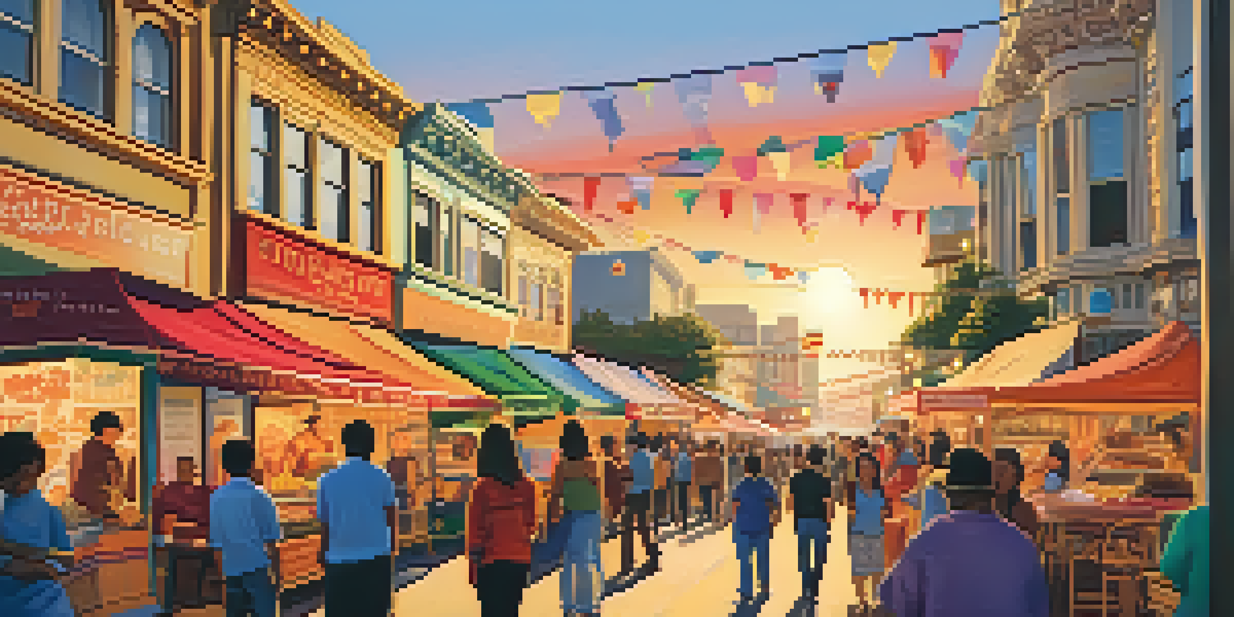 A lively street festival in San Francisco with diverse people, colorful banners, art installations, and food stalls under a warm sunset.