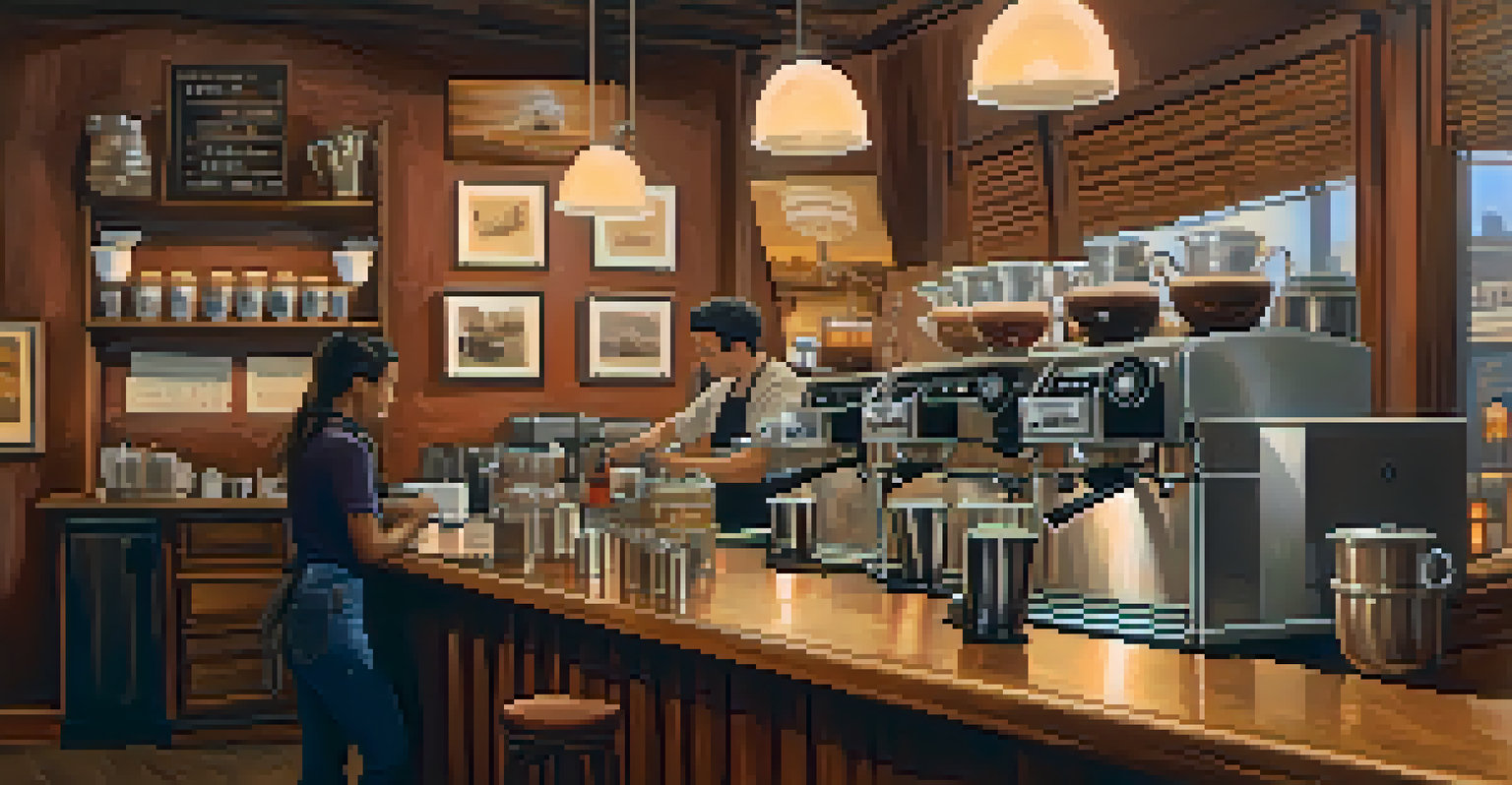 A barista preparing pour-over coffee in a cozy San Francisco café with a warm and inviting atmosphere.