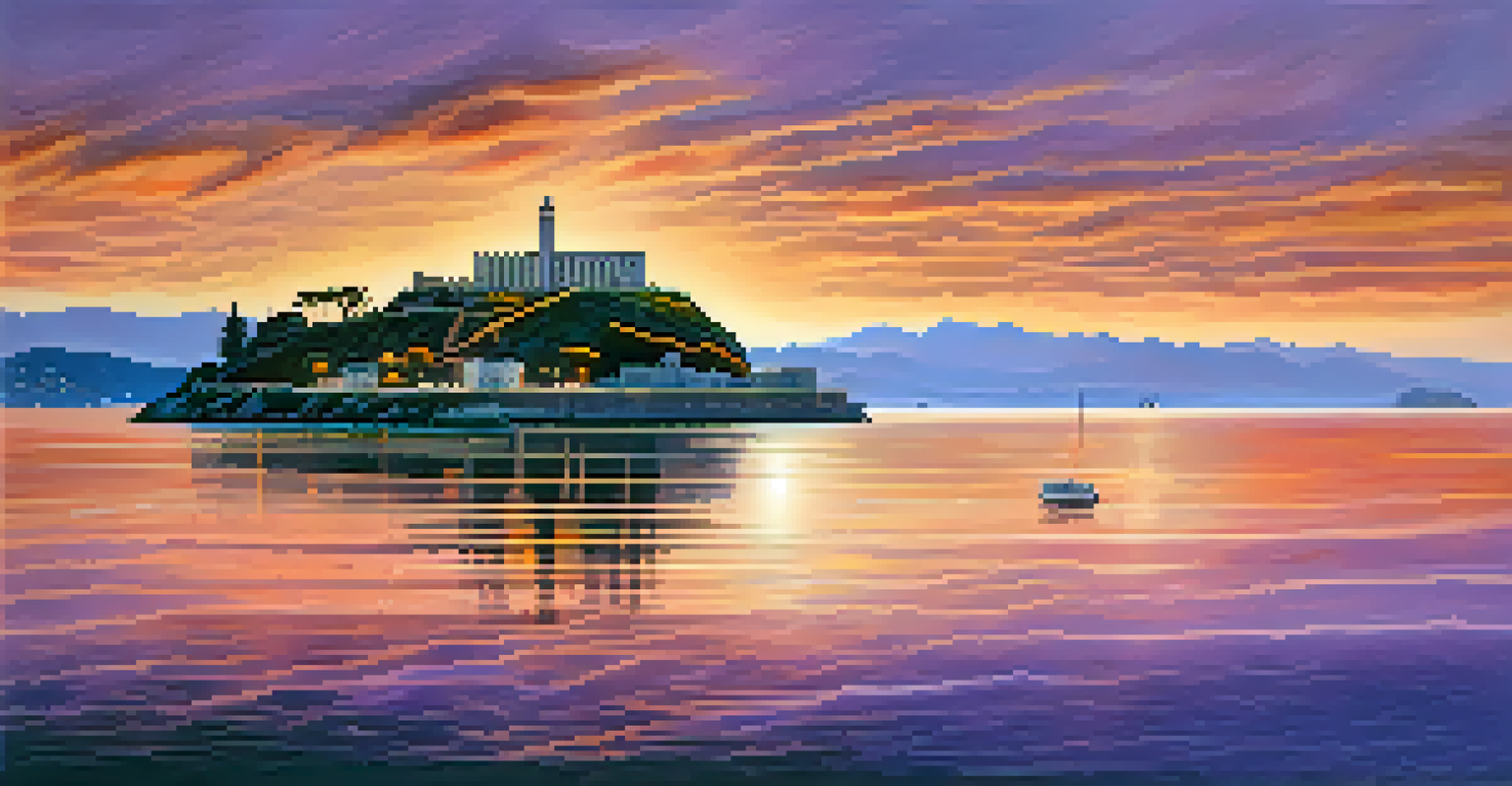 Alcatraz Island at sunset, showcasing the historic prison buildings against a colorful sky, with a small boat approaching the island.