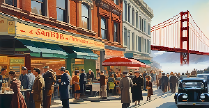 A lively street scene in San Francisco during the 1950s, with people engaged in discussions outside a café, Victorian houses in the background, and fog over the Golden Gate Bridge.