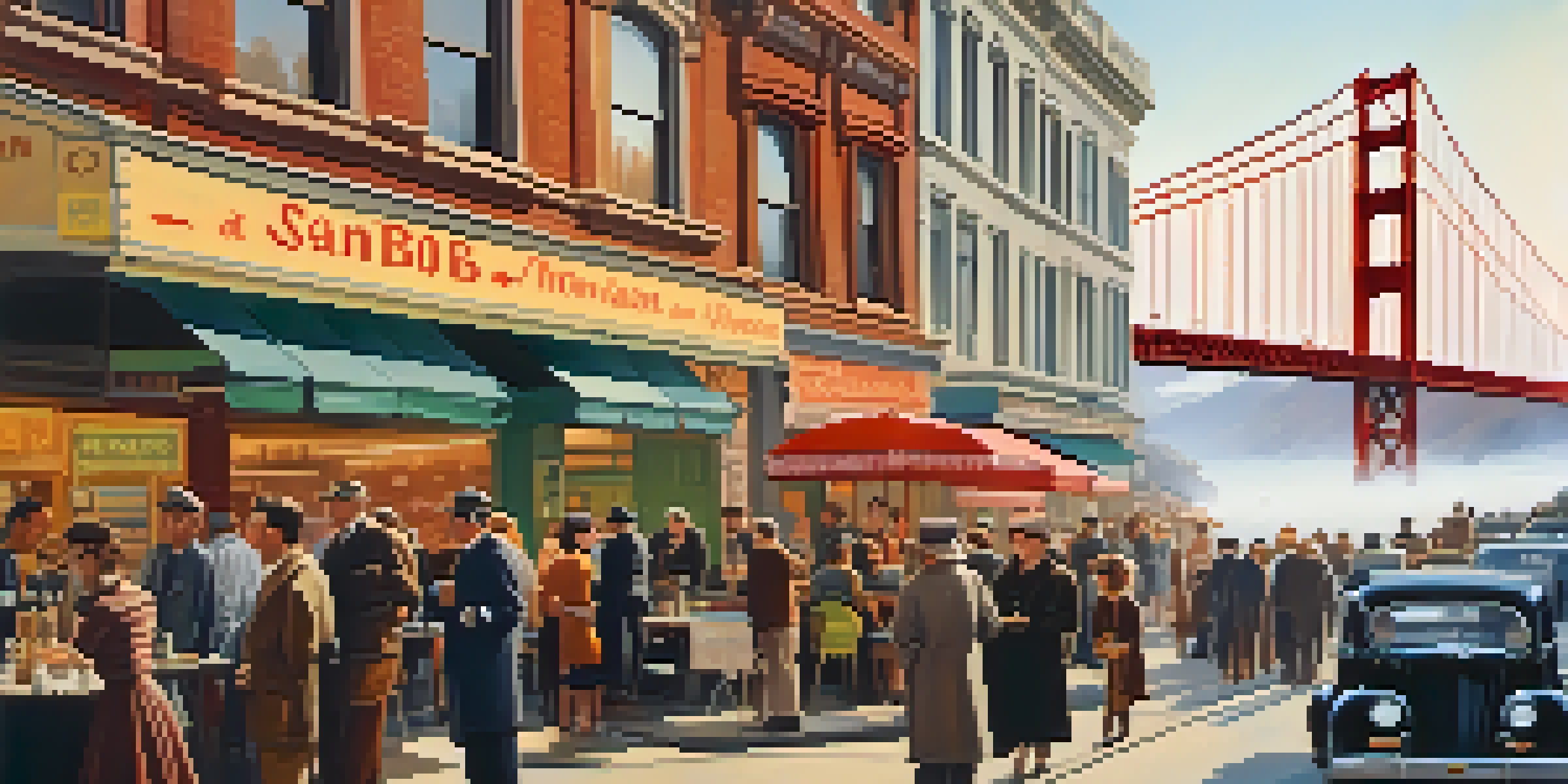 A lively street scene in San Francisco during the 1950s, with people engaged in discussions outside a café, Victorian houses in the background, and fog over the Golden Gate Bridge.