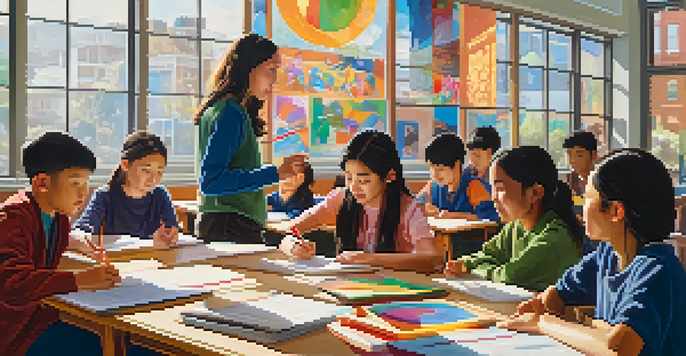 A diverse classroom with students collaborating on a project, surrounded by colorful artwork and a supportive teacher.