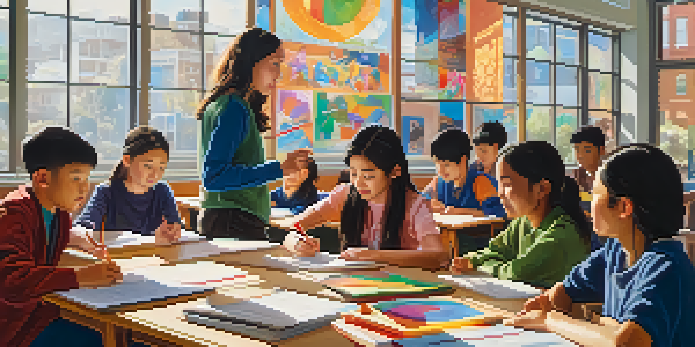 A diverse classroom with students collaborating on a project, surrounded by colorful artwork and a supportive teacher.