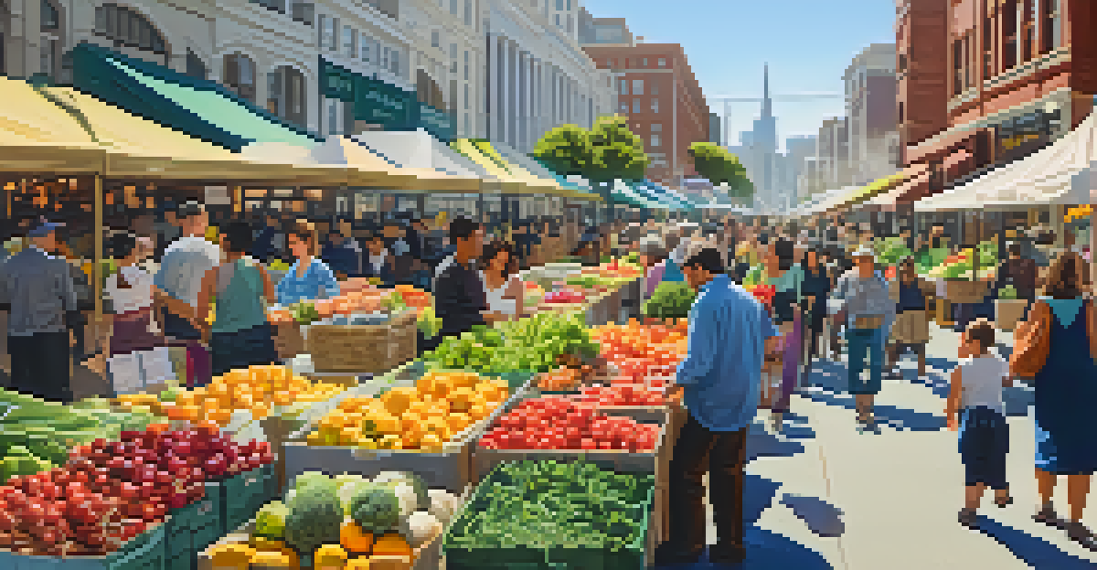A lively farmer's market in San Francisco with colorful stalls and diverse people shopping, set against the city's historic architecture.