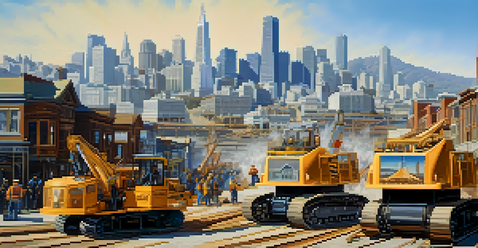 Reconstructed skyline of San Francisco after the 1906 earthquake, displaying new architecture and construction workers in the foreground.