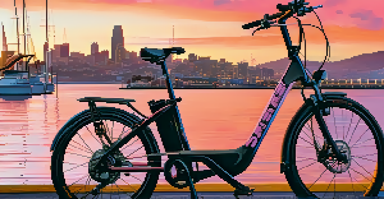 An electric bicycle parked by the San Francisco waterfront at sunset, with sailboats and the city skyline in the background.