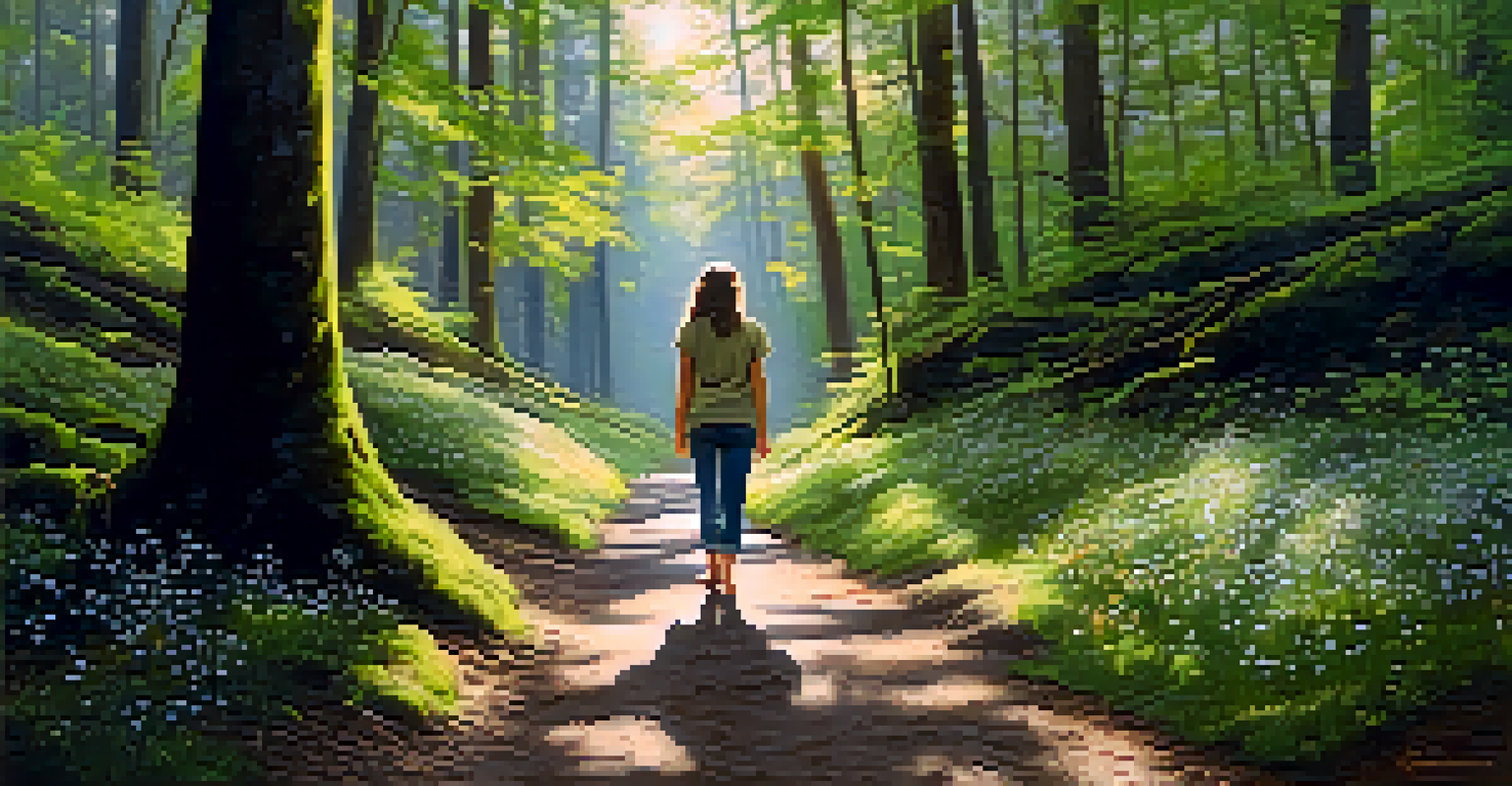 An individual walking barefoot on a forest path, surrounded by trees and dappled sunlight, practicing mindfulness.