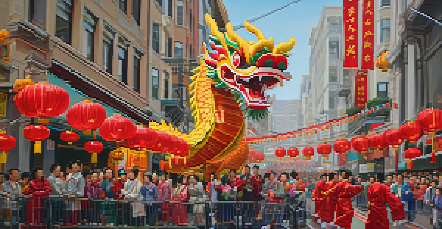Dragon dance performance during the Chinese New Year Parade in San Francisco, with colorful decorations, lanterns, and enthusiastic spectators.