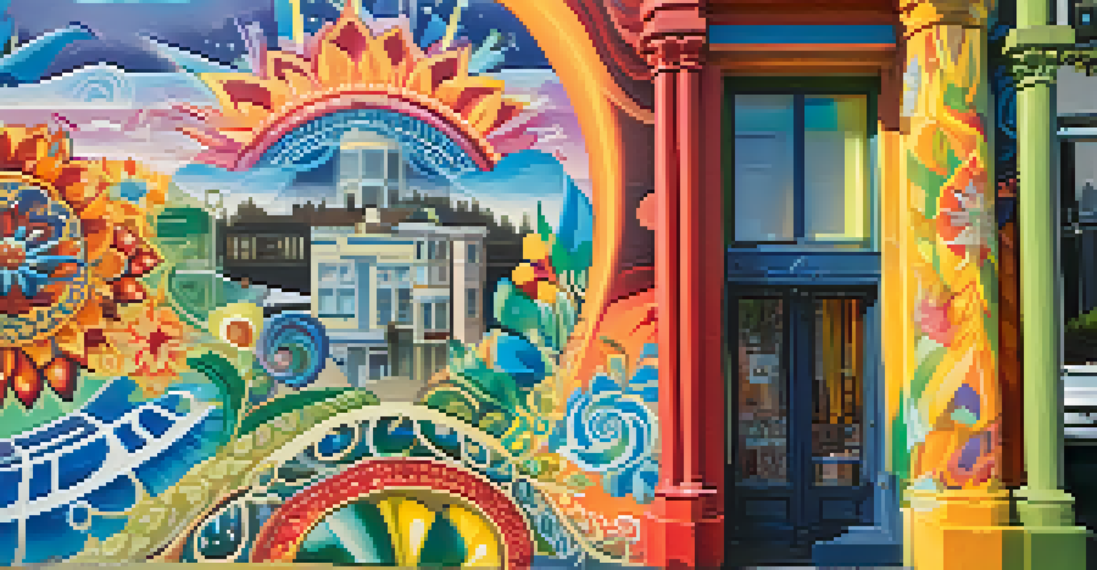 A detailed close-up of a colorful mural in Haight-Ashbury, highlighting themes of peace and community with intricate designs.