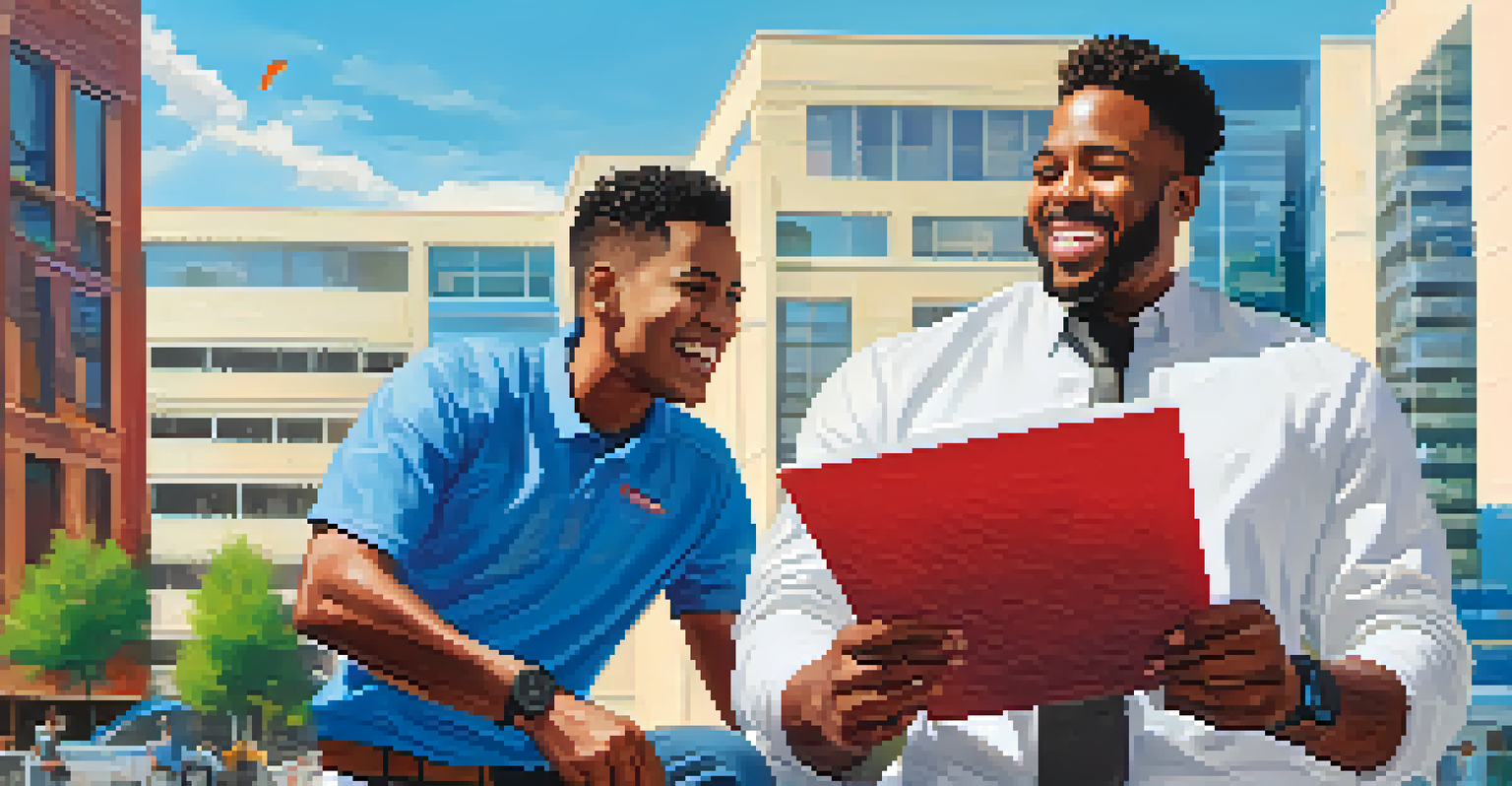A coding boot camp graduate and mentor celebrating with a completion certificate in front of a modern tech building, conveying success.
