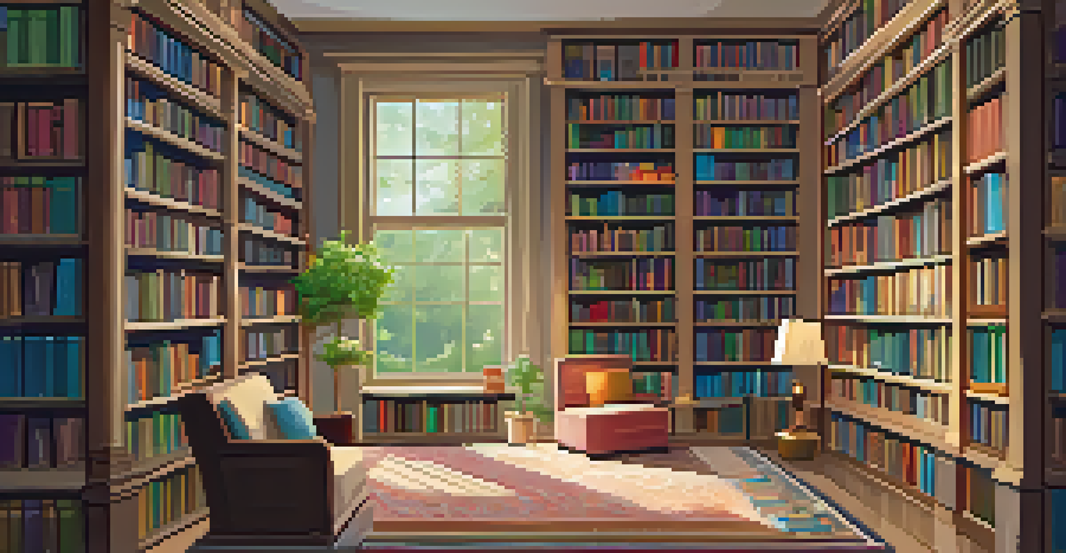 A peaceful library featuring shelves of colorful books, a cozy reading nook, warm lighting, and a view of a garden through large windows.