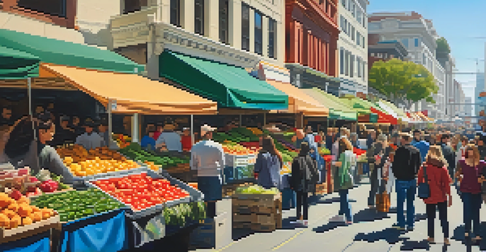 A lively farmers' market in San Francisco with people shopping for fresh produce and engaging with farmers under a bright sky.