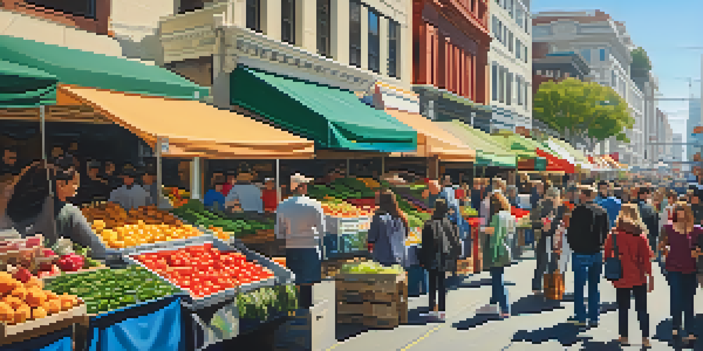 A lively farmers' market in San Francisco with people shopping for fresh produce and engaging with farmers under a bright sky.