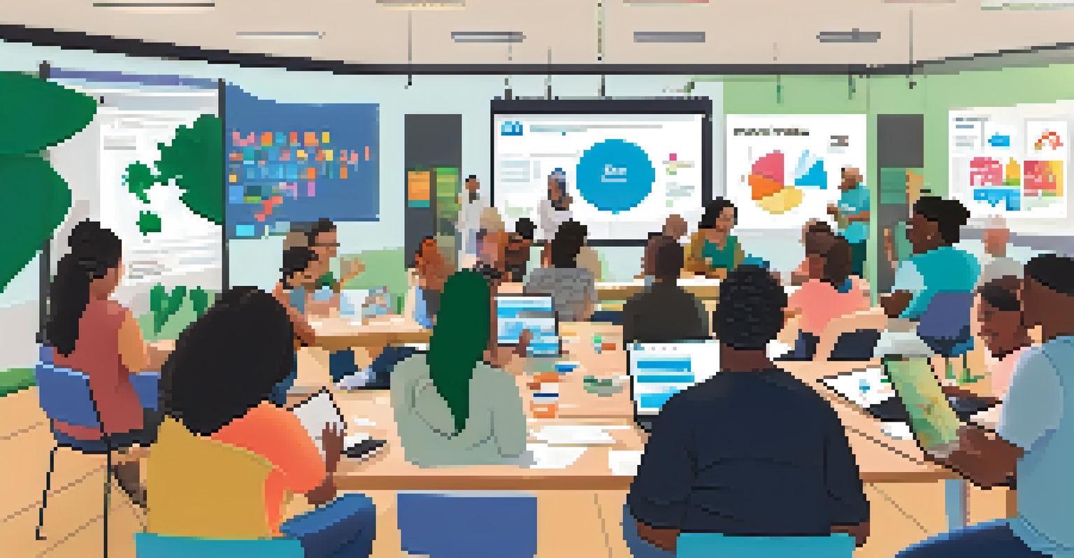 A community workshop on social media with diverse participants gathered around a table, engaging with laptops and a facilitator presenting.