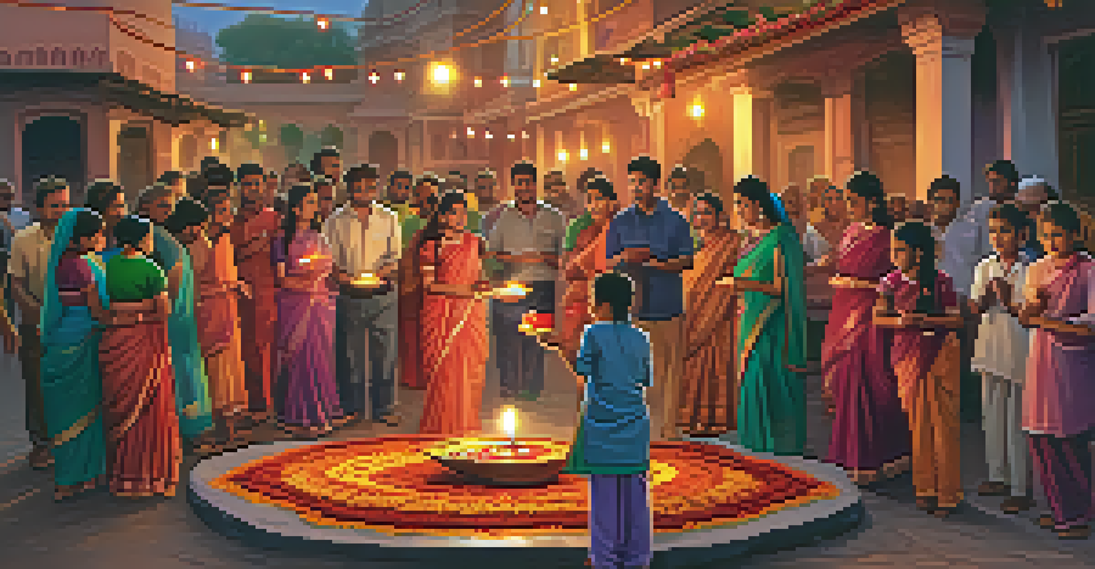 A festive Diwali scene in India with oil lamps, rangoli designs, families celebrating, and colorful lights.