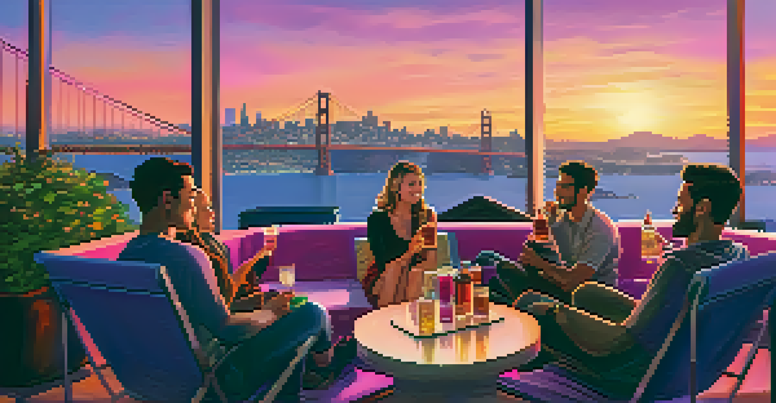 Couples enjoying a movie at the Rooftop Cinema Club with the San Francisco skyline and Golden Gate Bridge at sunset.