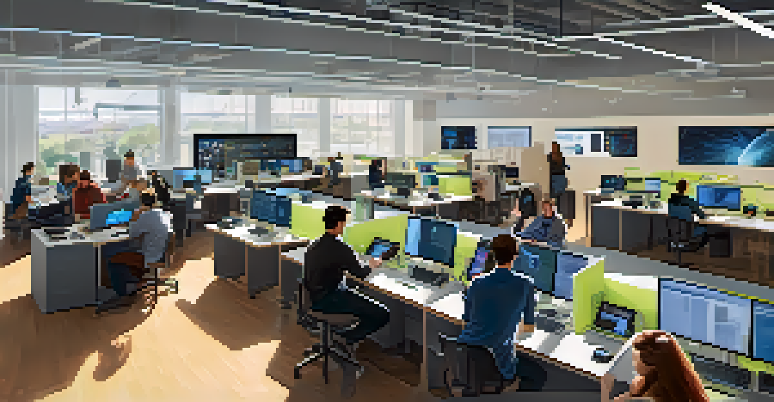 A high-tech lab at Stanford where students and researchers collaborate on technology projects, surrounded by modern equipment and screens.