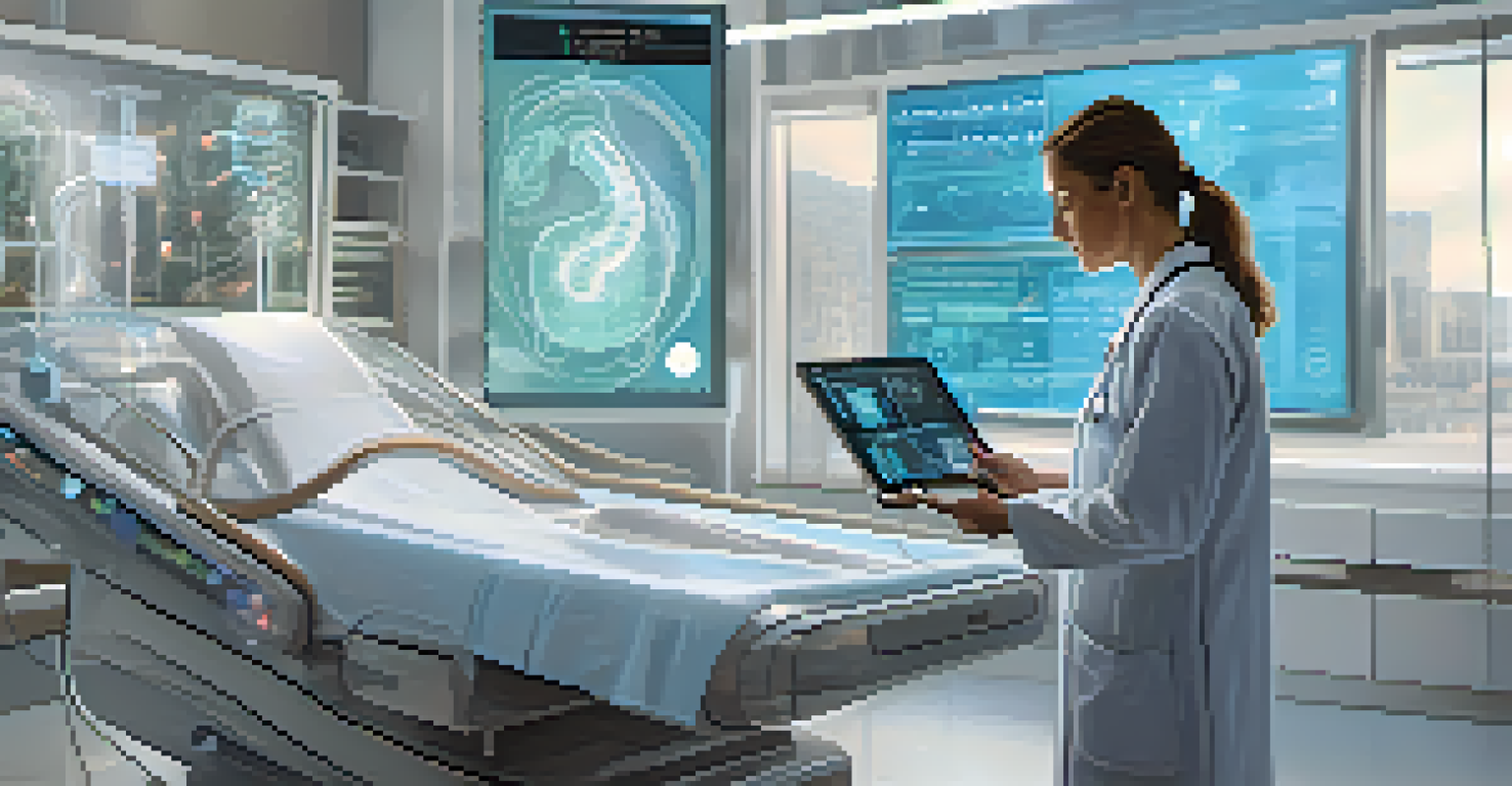 A doctor in a high-tech healthcare setting analyzing patient data on a tablet, surrounded by modern medical equipment and natural light.