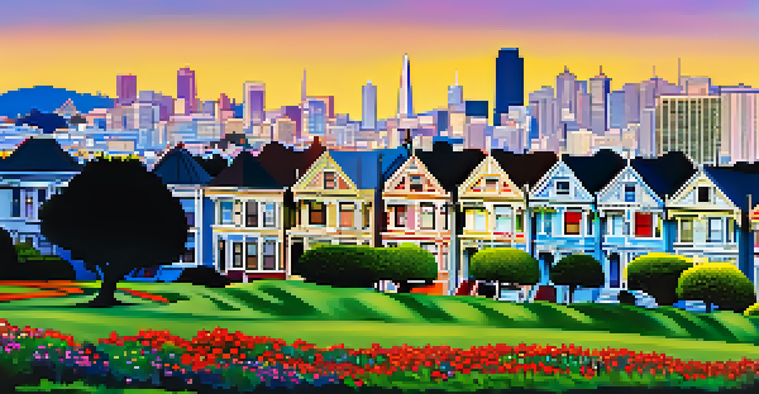 A panoramic view of the Painted Ladies with the San Francisco skyline in the background, featuring visitors in the park.