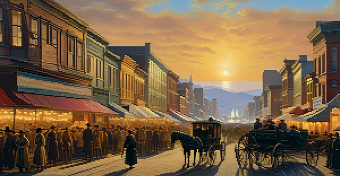 A lively street scene depicting miners and merchants in 19th-century San Francisco during the Gold Rush, with a sunset lighting the atmosphere.