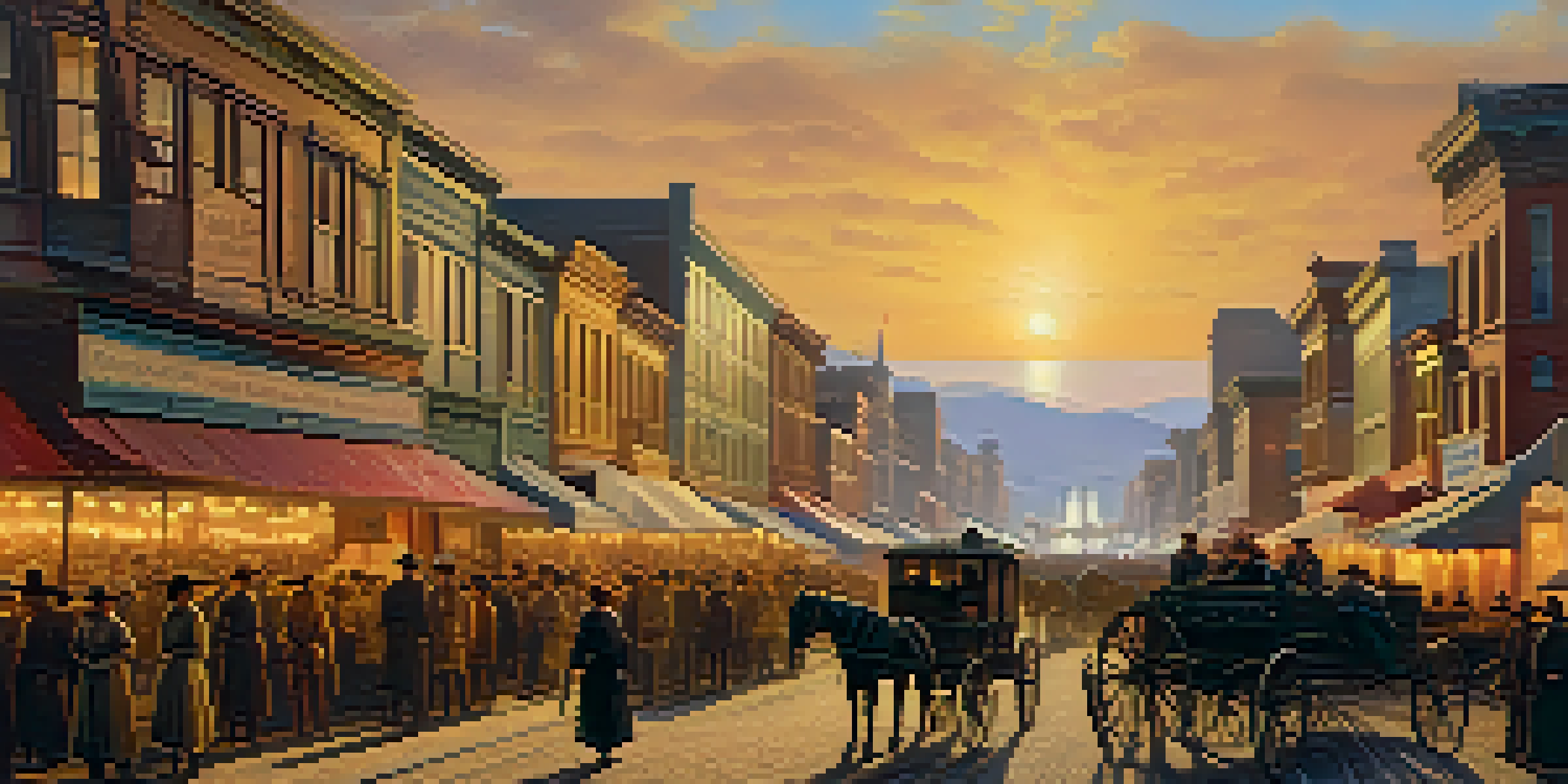 A lively street scene depicting miners and merchants in 19th-century San Francisco during the Gold Rush, with a sunset lighting the atmosphere.