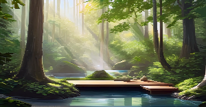A peaceful yoga platform in a forest retreat with sunlight filtering through trees and a gentle stream in the background.