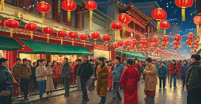A bustling street in Chinatown during the Lunar New Year, showcasing lively lion dancers and colorful decorations under glowing lanterns.