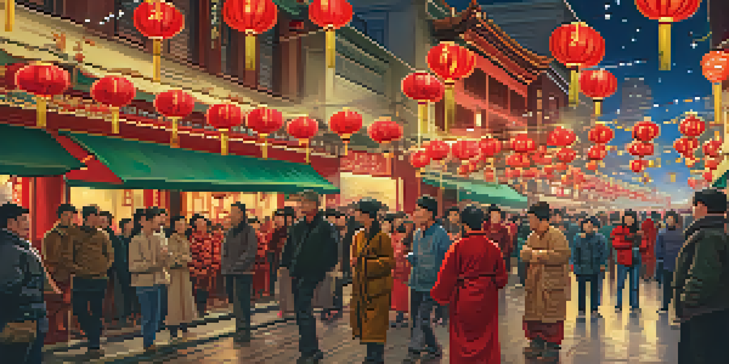 A bustling street in Chinatown during the Lunar New Year, showcasing lively lion dancers and colorful decorations under glowing lanterns.