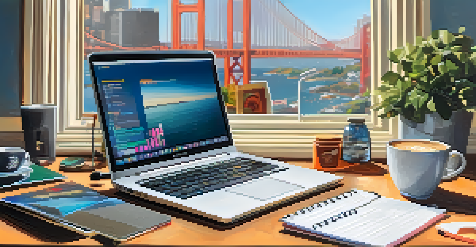 A close-up of a laptop on a cluttered desk with tech gadgets and notes, representing the startup culture of San Francisco.