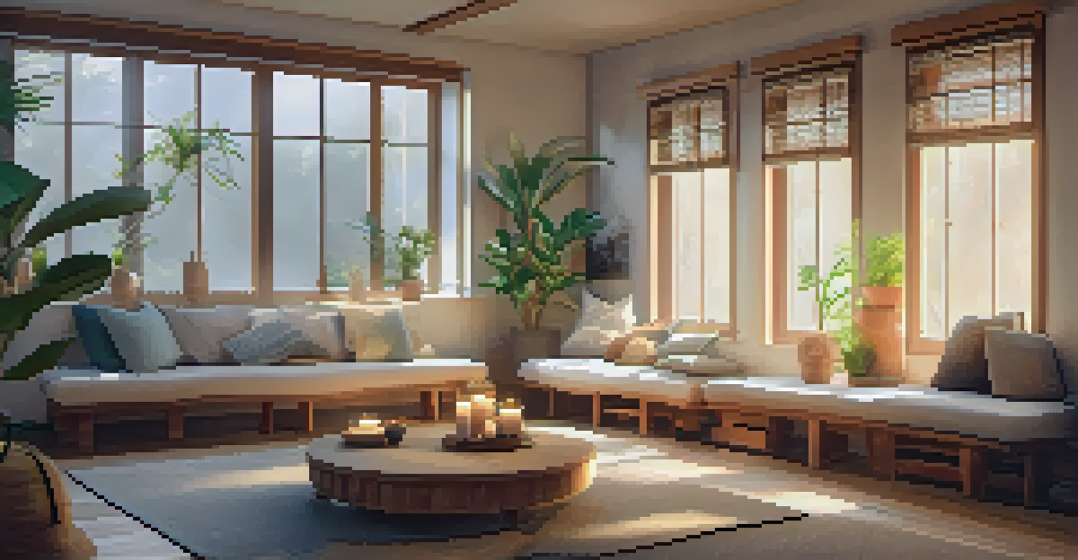 A cozy meditation corner in a studio, with cushions and candles, where individuals are practicing deep breathing exercises in a serene environment.