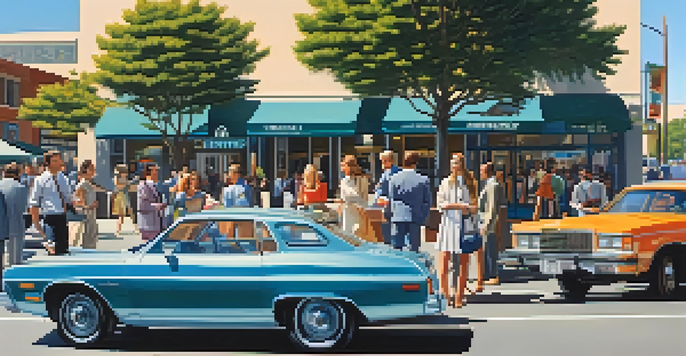 A vibrant 1980s Silicon Valley street scene with vintage cars and people in period clothing, highlighting entrepreneurial spirit.
