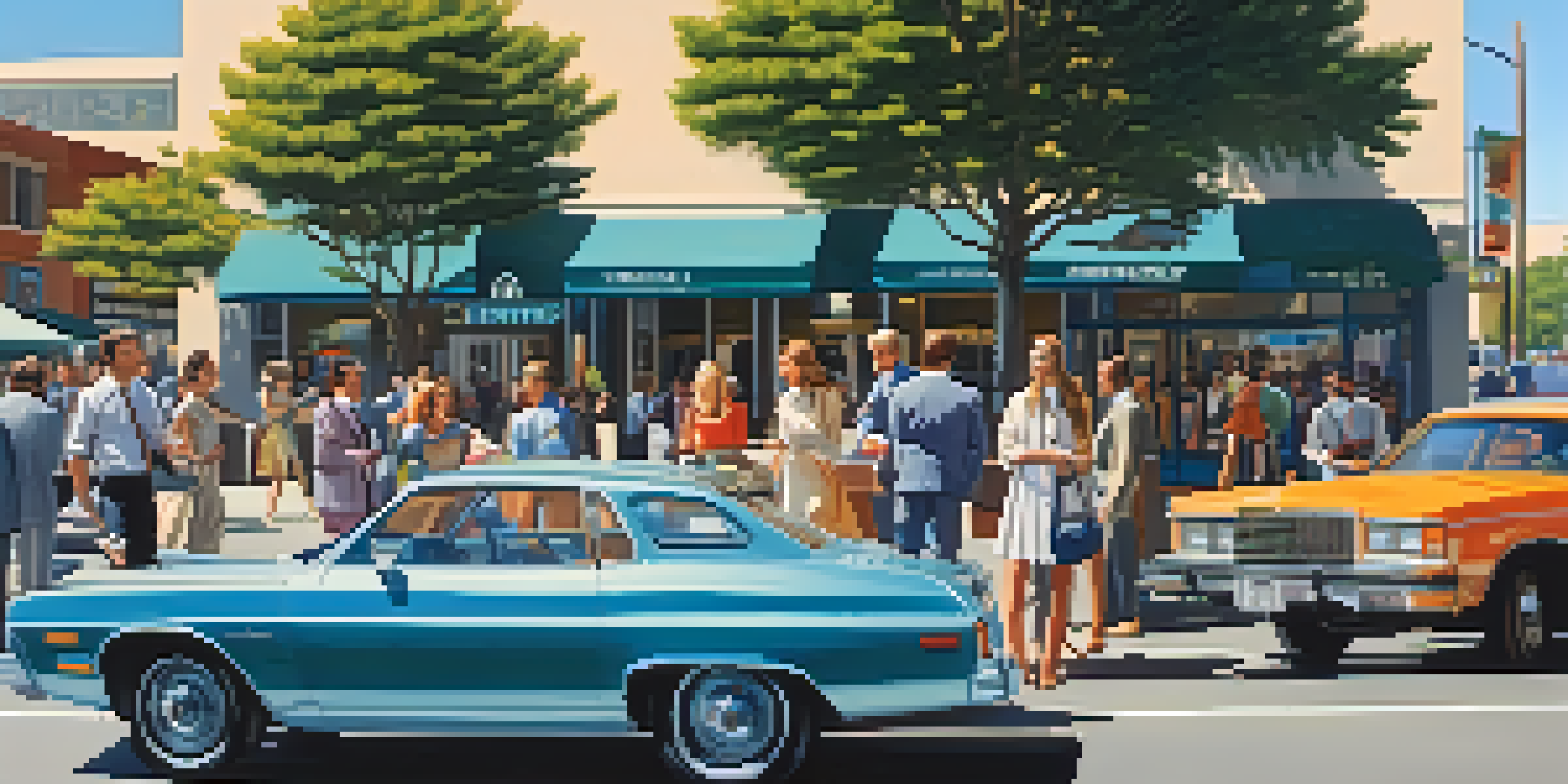 A vibrant 1980s Silicon Valley street scene with vintage cars and people in period clothing, highlighting entrepreneurial spirit.