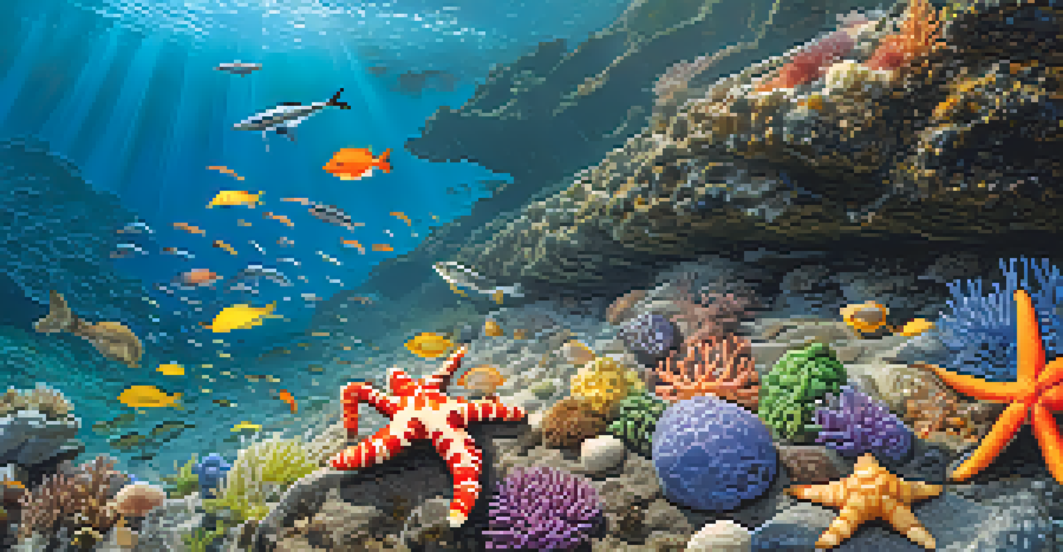 A close-up of a tide pool with marine life, sunlight filtering through water, and some litter in the background.
