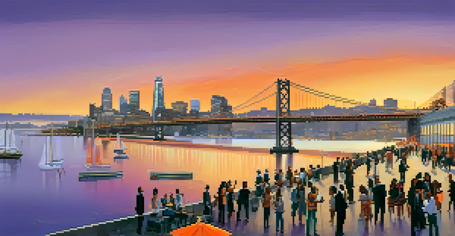 A sunset view of the Embarcadero with the Bay Bridge, featuring a diverse group of people networking in a lively waterfront setting.
