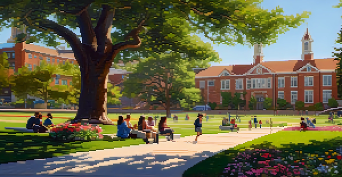 A picturesque private school campus with brick architecture, green trees, and students enjoying outdoor activities.