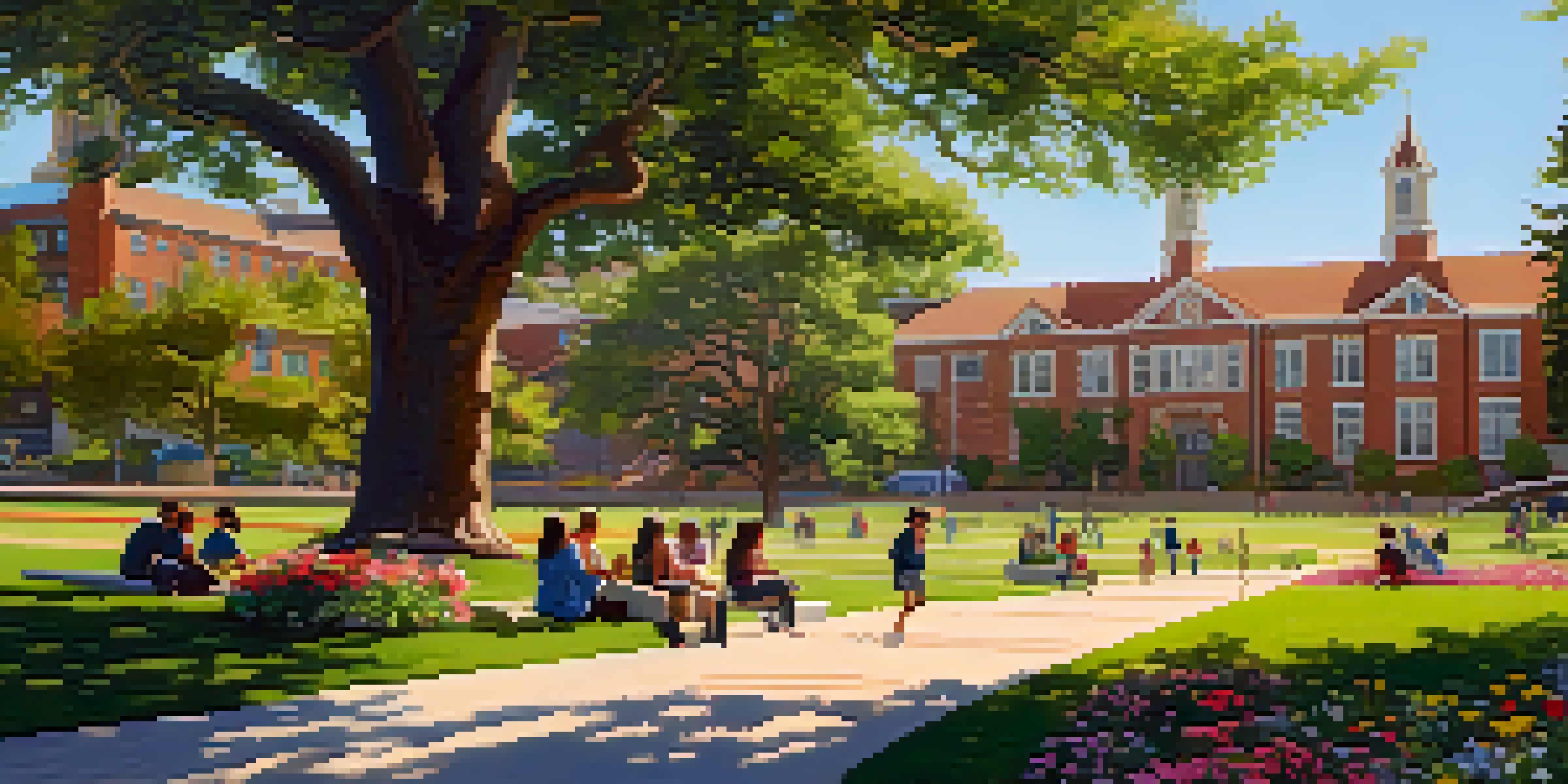 A picturesque private school campus with brick architecture, green trees, and students enjoying outdoor activities.