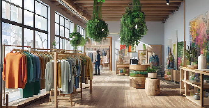 A lively pop-up shop in San Francisco filled with sustainable fashion garments and diverse customers.