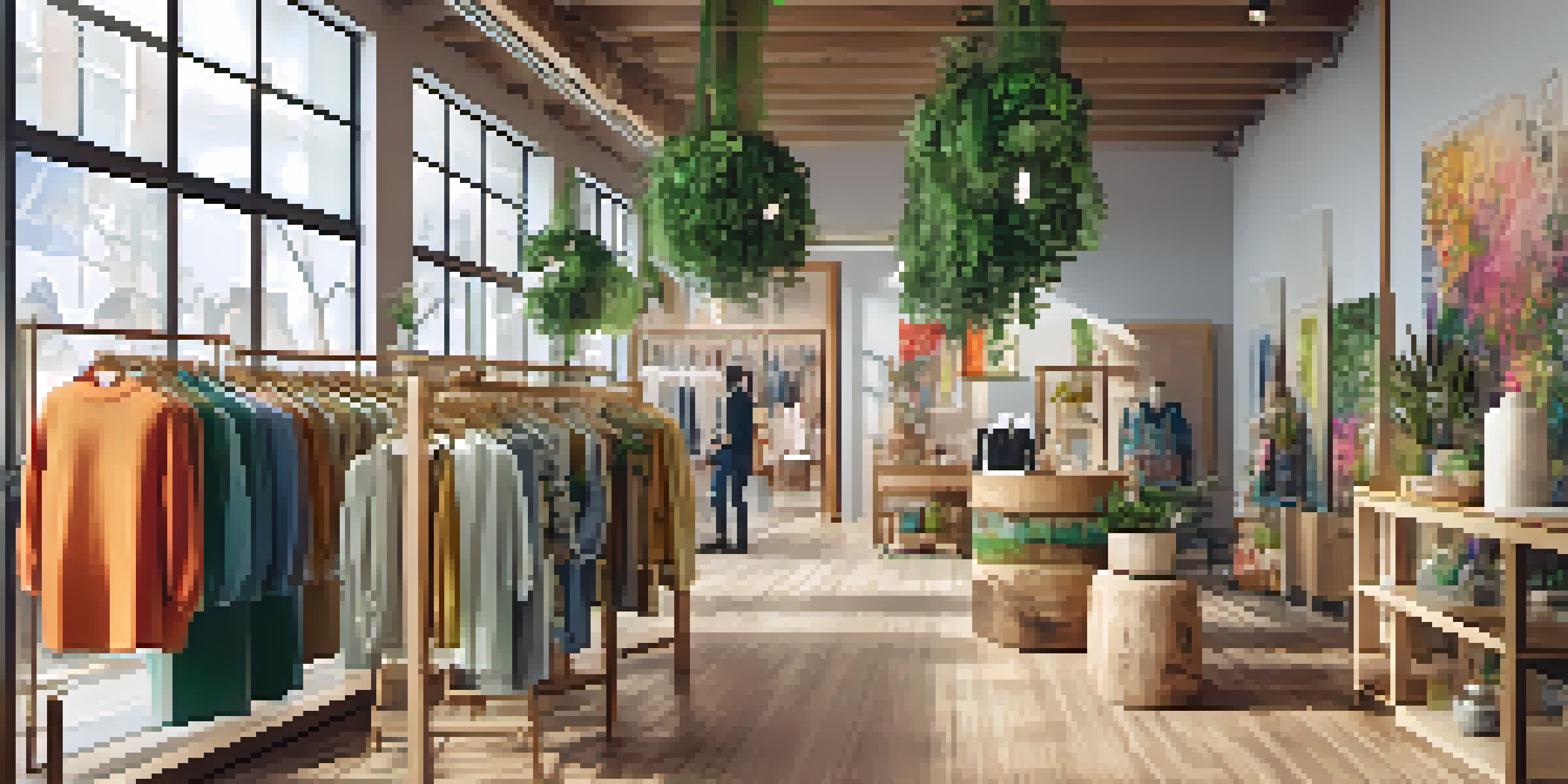 A lively pop-up shop in San Francisco filled with sustainable fashion garments and diverse customers.