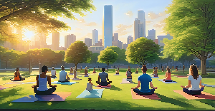 A peaceful urban park with people practicing yoga and meditation at sunset, surrounded by trees and city buildings.
