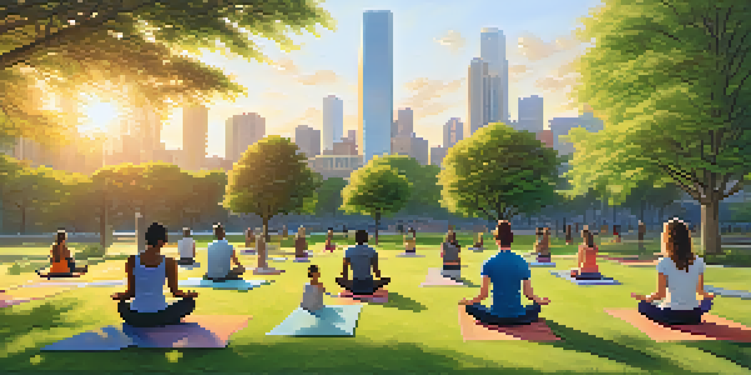 A peaceful urban park with people practicing yoga and meditation at sunset, surrounded by trees and city buildings.