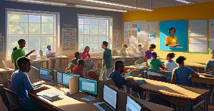 A lively coding boot camp classroom with students of various backgrounds working together on computers, illuminated by natural light.