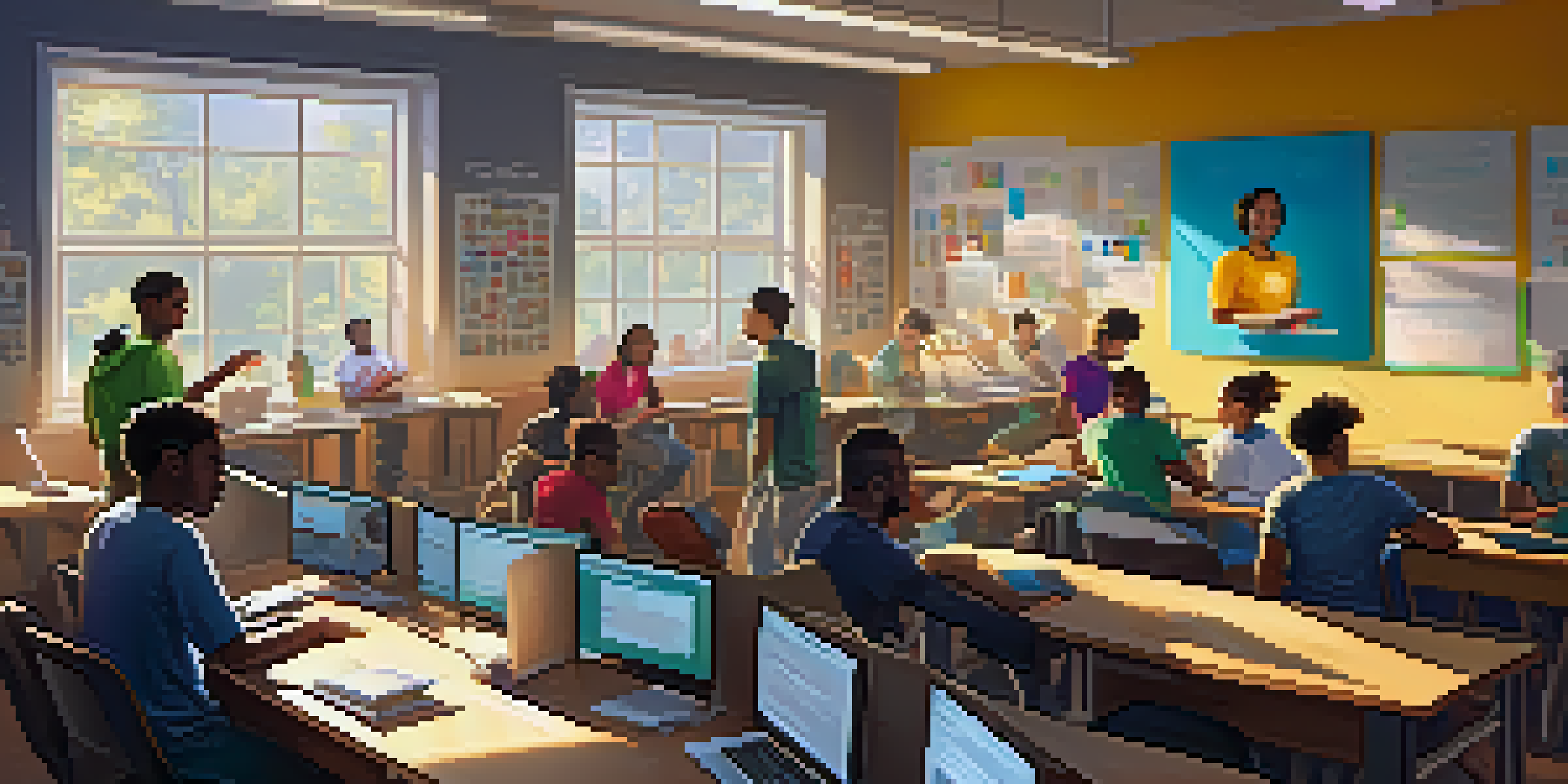 A lively coding boot camp classroom with students of various backgrounds working together on computers, illuminated by natural light.