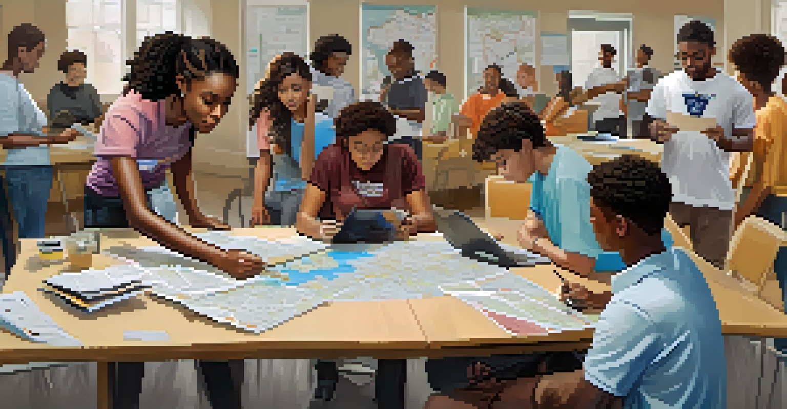A diverse group of young volunteers at a community center, collaborating on voter outreach efforts with maps and flyers on a table, and a whiteboard filled with ideas in the background.