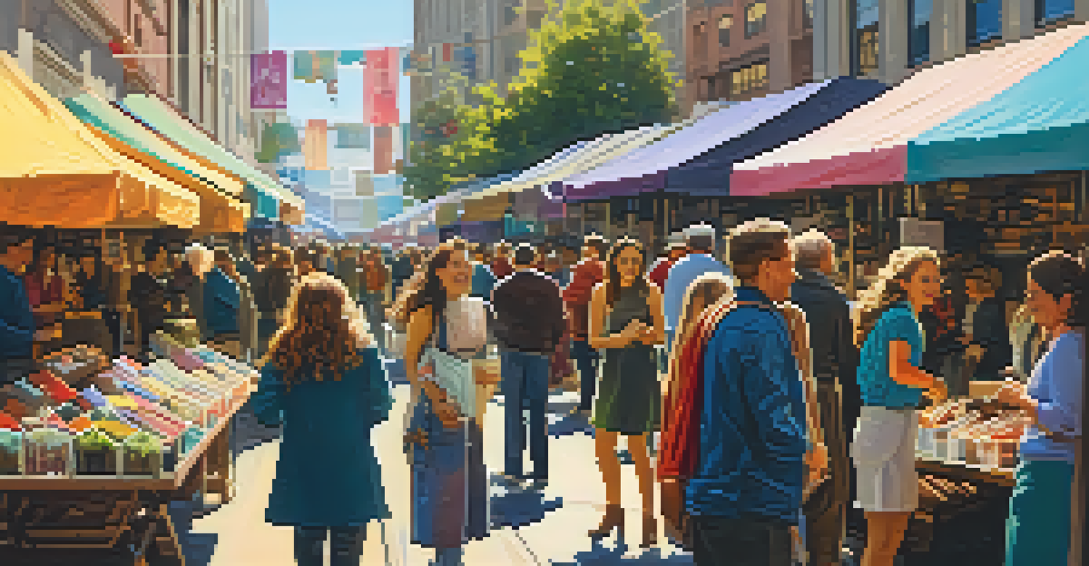 A vibrant outdoor vintage market in San Francisco with people browsing stalls filled with clothing and handmade items.