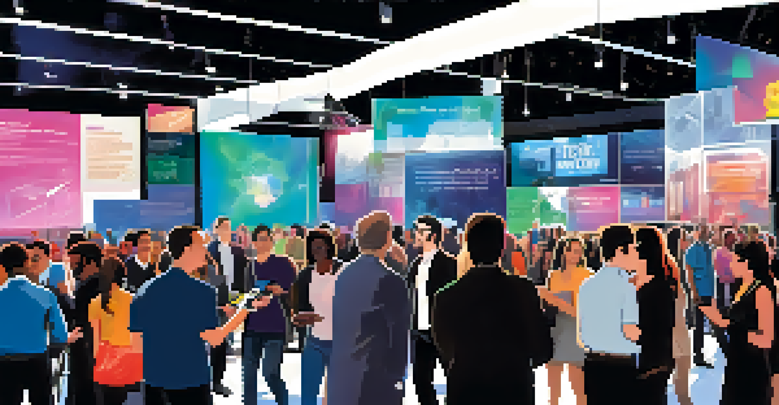 An energetic tech conference in San Francisco with booths, digital screens, and attendees networking.
